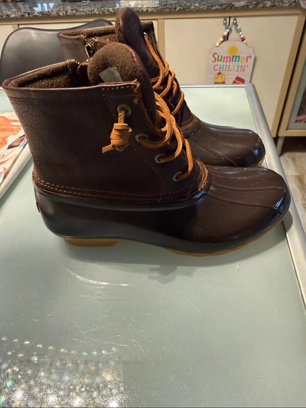 Sperry Brown Leather and Rubber Lace-Up Rain Boots
